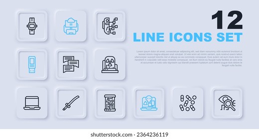 Set line Medical pill biohacking, Eye scan, Speech bubble chat, Internet piracy, USB flash drive, Katana, Cloud database and Cryogenic capsules icon. Vector