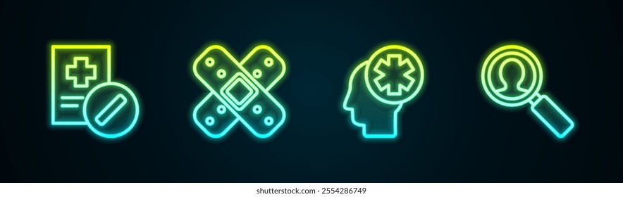 Set line Medical prescription, Crossed bandage plaster, Male head with hospital and analysis. Glowing neon icon. Vector