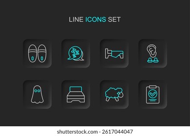 Set line Medical prescription, Sheep, Big bed, Ghost, Earplugs and ear, Bed, Sleepy and Slippers icon. Vector