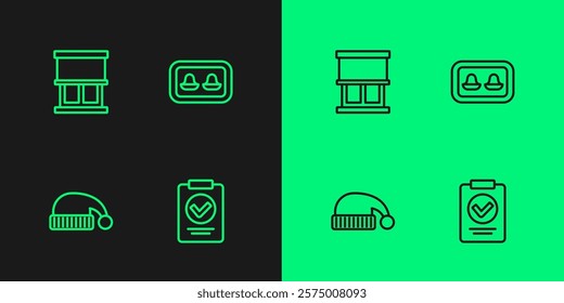 Set line Medical prescription, Sleeping hat, Window with curtains and Earplugs storage box icon. Vector
