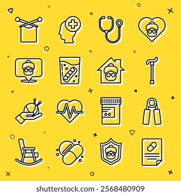 Set line Medical prescription, Sport expander, Walking stick cane, Stethoscope, False jaw glass, Nursing home, Knitting and  icon. Vector