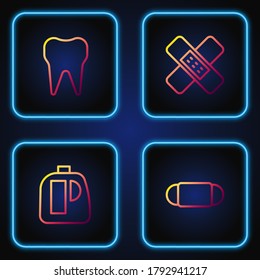 Set line Medical protective mask, Bottles for cleaning agent, Tooth and Crossed bandage plaster. Gradient color icons. Vector