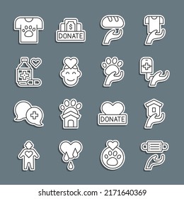 Set Line Medical Protective Mask, Shelter For Homeless, Blood Donation, Donation Food, Volunteer, Medicine Bottle And Pills, Animal Volunteer And  Icon. Vector