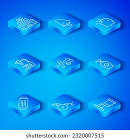 Set line Medical protective mask, Medicine pill or tablet, Wheelchair, Liquid antibacterial soap, Man having headache, Microscope, hospital building and Hospital bed icon. Vector