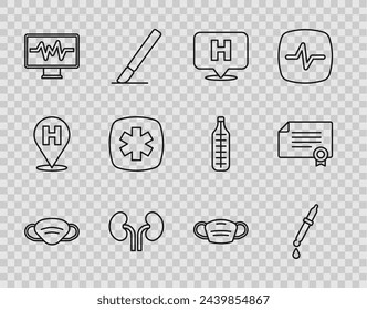 Set line Medical protective mask, Pipette, Location hospital, Human kidneys, Monitor with cardiogram, Emergency - Star of Life,  and Certificate template icon. Vector