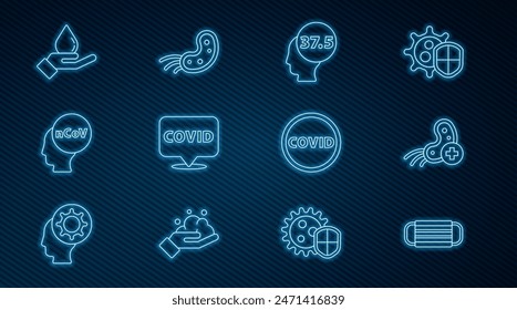 Set line Medical protective mask, Positive virus, High human body temperature, Corona covid-19 on location, 2019-nCoV, Washing hands with soap,  and Virus icon. Vector