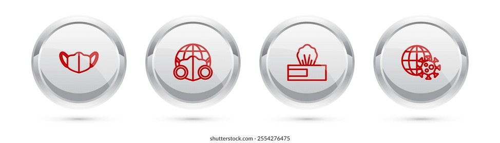 Set line Medical protective mask, Earth with medical, Wet wipe pack and globe virus. Silver circle button. Vector