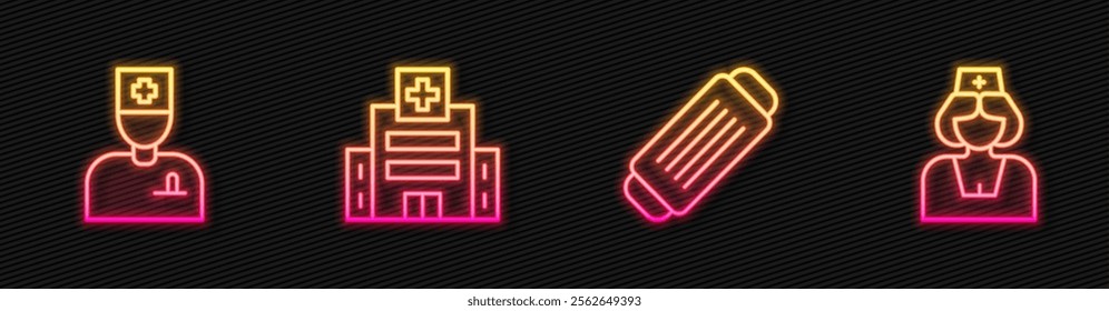 Set line Medical protective mask, Male doctor, hospital building and Nurse. Glowing neon icon. Vector
