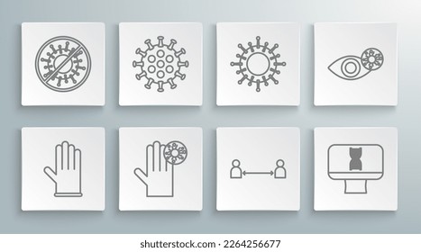 Set line Medical rubber gloves, Virus, Hand with virus, Safe distance, DNA spiral computer, Reddish eye due to and Stop icon. Vector