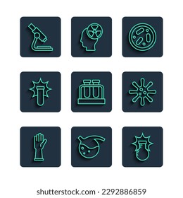 Set line Medical rubber gloves, Test tube and flask, Chemical explosion, Petri dish with bacteria, Microscope and Bacteria icon. Vector