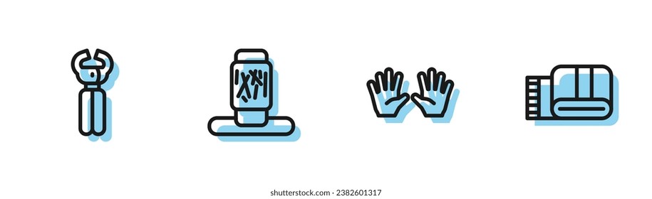 Set line Medical rubber gloves, Pet nail clippers, Cat scratching post and Towel stack icon. Vector