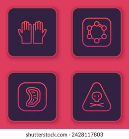 Set line Medical rubber gloves, Bacteria, Formula of benzene rings and Triangle warning toxic. Blue square button. Vector