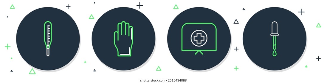 Set line Medical rubber gloves, Nurse hat with cross, thermometer and Pipette icon. Vector