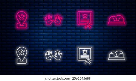 Set line Medical rubber gloves, Certificate for dog or cat, Location pet grooming and Pet bed. Glowing neon icon on brick wall. Vector