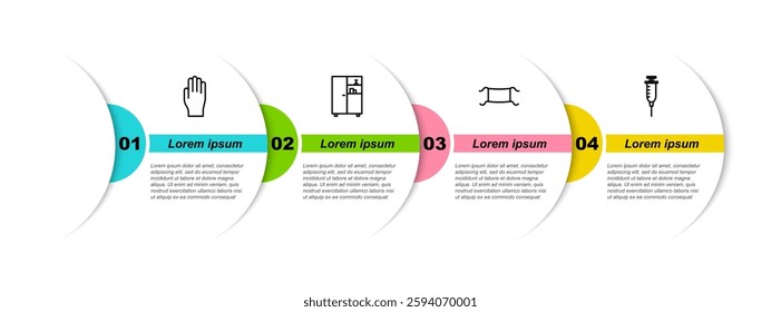 Set line Medical rubber gloves, Medicine cabinet, protective mask and Syringe. Business infographic template. Vector