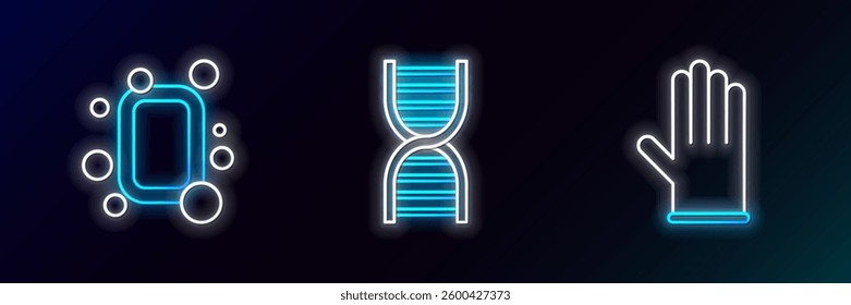 Set line Medical rubber gloves, Bar of soap and DNA symbol icon. Glowing neon. Vector