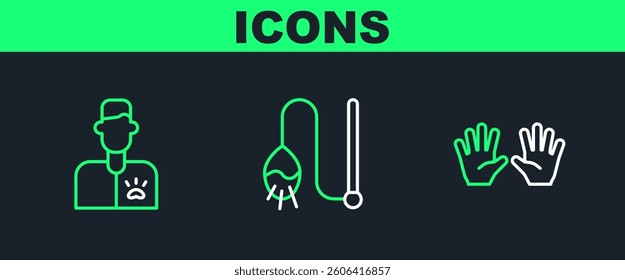 Set line Medical rubber gloves, Veterinarian doctor and Pet cat toy icon. Vector