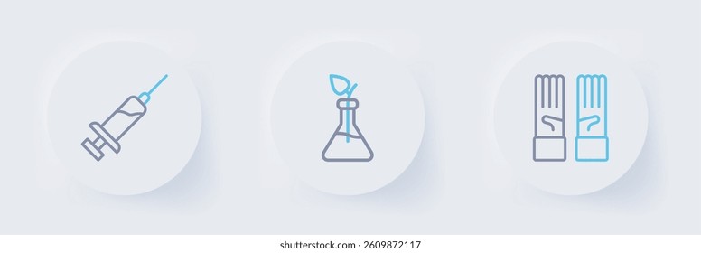 Set line Medical rubber gloves, Plant breeding and Syringe icon. Vector