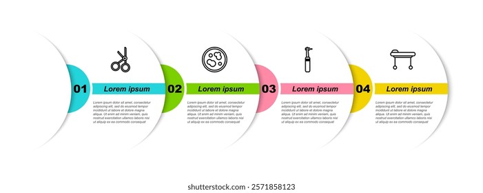 Set line Medical scissors, Petri dish with bacteria, Tooth drill and Stretcher. Business infographic template. Vector