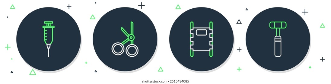 Definir linha Tesoura médica, maca, seringa e ícone de martelo reflexo neurológico. Vetor