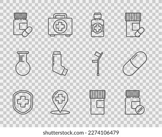 Set line Medical shield with cross, Medicine bottle and pills, Bottle of medicine syrup, Map pointer hospital, Inhaler,  and or tablet icon. Vector