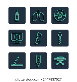 Set line Medical surgery scalpel, Digital thermometer, Stretcher, Heart rate, Human broken bone, symbol of Emergency, Syringe and Sperm icon. Vector