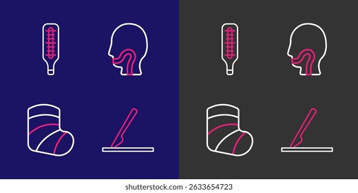 Set line Medical surgery scalpel, Gypsum, Sore throat and thermometer icon. Vector
