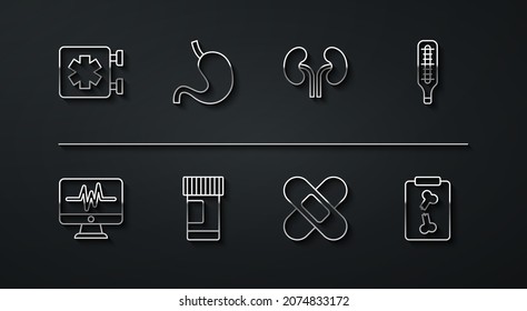 Set line Medical symbol of the Emergency, Monitor with cardiogram, thermometer, Crossed bandage plaster, Medicine bottle pills, Human stomach, X-ray shots and kidneys icon. Vector