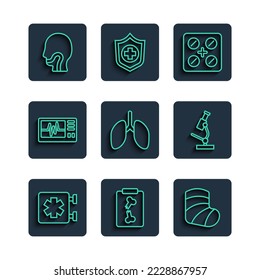 Set line Medical symbol of the Emergency, X-ray shots, Gypsum, Pills in blister pack, Lungs, Monitor with cardiogram, Sore throat and Microscope icon. Vector