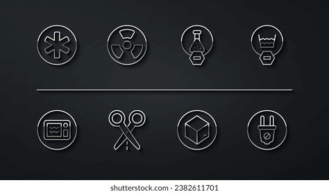 Set line Medical symbol of the Emergency, Microwave oven, Delicate wash, Carton cardboard box, Scissors with cut line, Radioactive, Electric plug and Test tube and flask icon. Vector