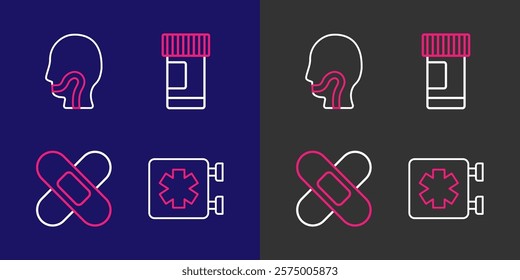 Set line Medical symbol of the Emergency, Crossed bandage plaster, Medicine bottle pills and Sore throat icon. Vector