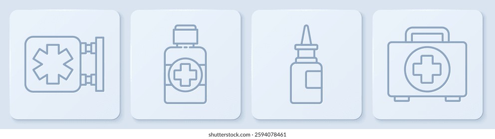 Set line Medical symbol of the Emergency, Bottle nasal spray, Bottle of medicine syrup and First aid kit. White square button. Vector