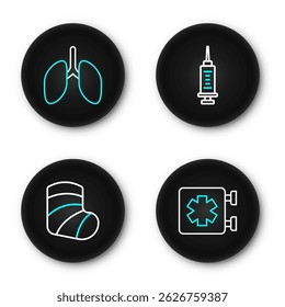 Set line Medical symbol of the Emergency, Gypsum, Syringe and Lungs icon. Vector