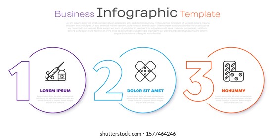 Set line Medical syringe with needle and vial or ampoule, Crossed bandage plaster and Pills in blister pack. Business infographic template. Vector