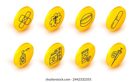 Set line Medical syringe with needle, Medicine bottle and pills, nozzle spray, or tablet, Emergency star medical symbol Caduceus snake stick and Crossed bandage plaster icon. Vector