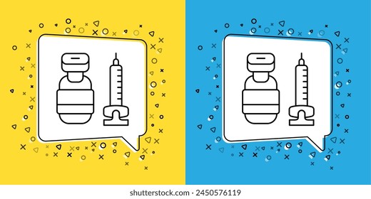Set line Medical syringe with needle icon isolated on yellow and blue background. Vaccination, injection, vaccine, insulin concept.  Vector