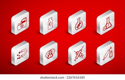Set line Medical syringe and vial, vial, ampoule, DNA research, search, Bioengineering, Crossed, Health record folder,  and Magnet with money icon. Vector