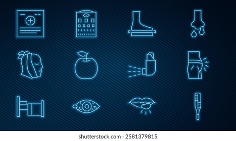 Set line Medical thermometer, Abdominal bloating, Flat foot, Apple, Toothache, Clinical record, Inhaler and Eye test chart icon. Vector