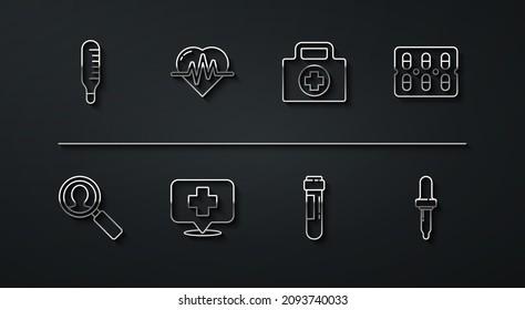 Set line Medizinisches Thermometer, Analyse, Pillen in Blisterpackung, Reagenzglas mit Blut, Kartenzeiger über Krankenhaus, Herzfrequenz, Pipette und Erste Hilfe Kit Symbol. Vektorgrafik