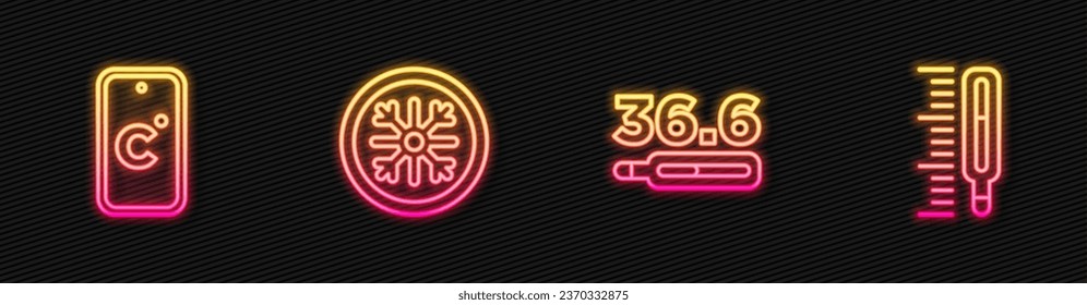 Set line Medical thermometer, Celsius, Snowflake and . Glowing neon icon. Vector