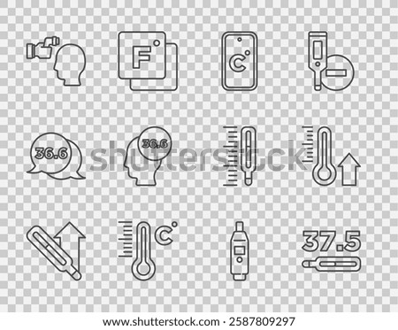 Set line Medical thermometer, Celsius, Meteorology, Checking body temperature, Digital and  icon. Vector