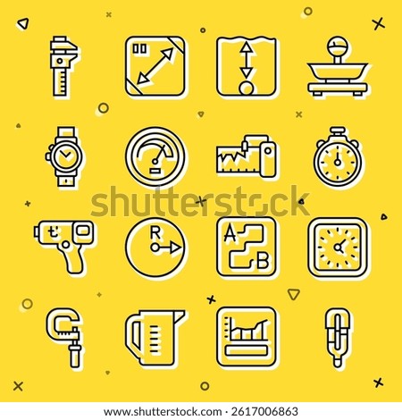 Set line Medical thermometer, Clock, Stopwatch, Depth measurement, Speedometer, Wrist, Calliper or caliper and scale and Measuring instrument icon. Vector