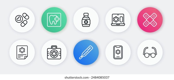 Set line Medical thermometer, Crossed bandage plaster, Patient record, Emergency call 911, Clinical on laptop, Bottle of medicine syrup, Glasses and First aid kit icon. Vector