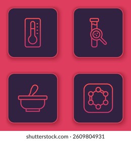 Set line Medical thermometer, Mortar and pestle, Test tube flask and Formula of benzene rings. Blue square button. Vector