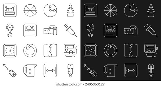 Set-Zeile Medizinisches Thermometer, Multimeter, Voltmeter, Spritze, Radius, Flächenmessung, Handwerksfeder mechanisch, Graph, Plan, Diagramm, Diagramm und Messgerät Symbol. Vektorgrafik