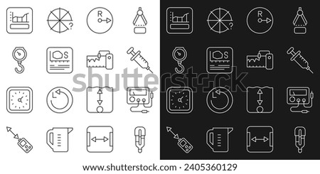 Set line Medical thermometer, Multimeter, voltmeter, Syringe, Radius, Area measurement, Hand scale spring mechanical, Graph, schedule, chart, diagram and Measuring instrument icon. Vector
