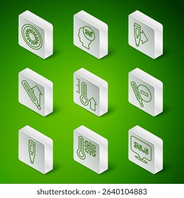 Set line Medical thermometer, Thermometer with snowflake, Sun, Meteorology, High human body temperature, Digital and  icon. Vector