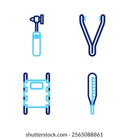 Set line Medical thermometer, Stretcher, tweezers and otoscope tool icon. Vector