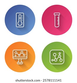 Set line Medical thermometer, Test tube and flask, Chemical formula and . Color circle button. Vector