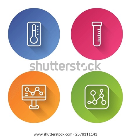 Set line Medical thermometer, Test tube and flask, Chemical formula and . Color circle button. Vector